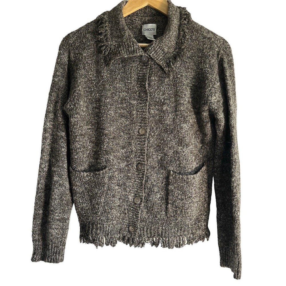 Chico's Women’s Size 0 Wool Blend Speckled Brown Fringe‎ Button Cardigan